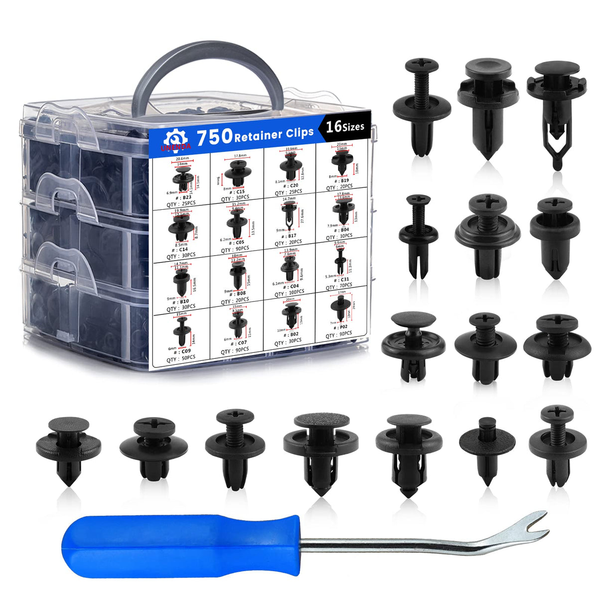 UNENDA front packaging showing full 750-piece clip kit and container benefits