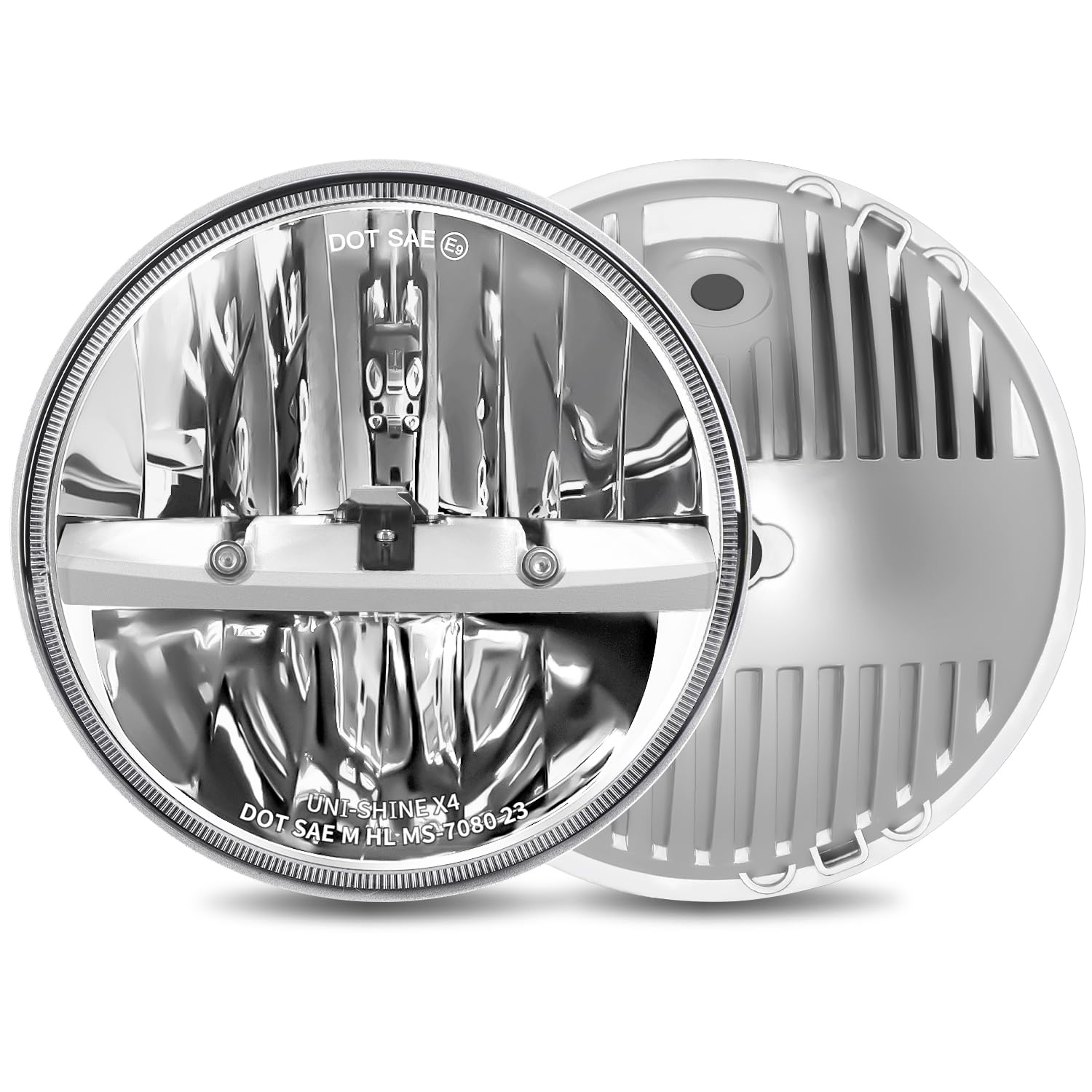 UNI-SHINE front view showing chrome 7-inch LED headlights and benefits of brighter illumination