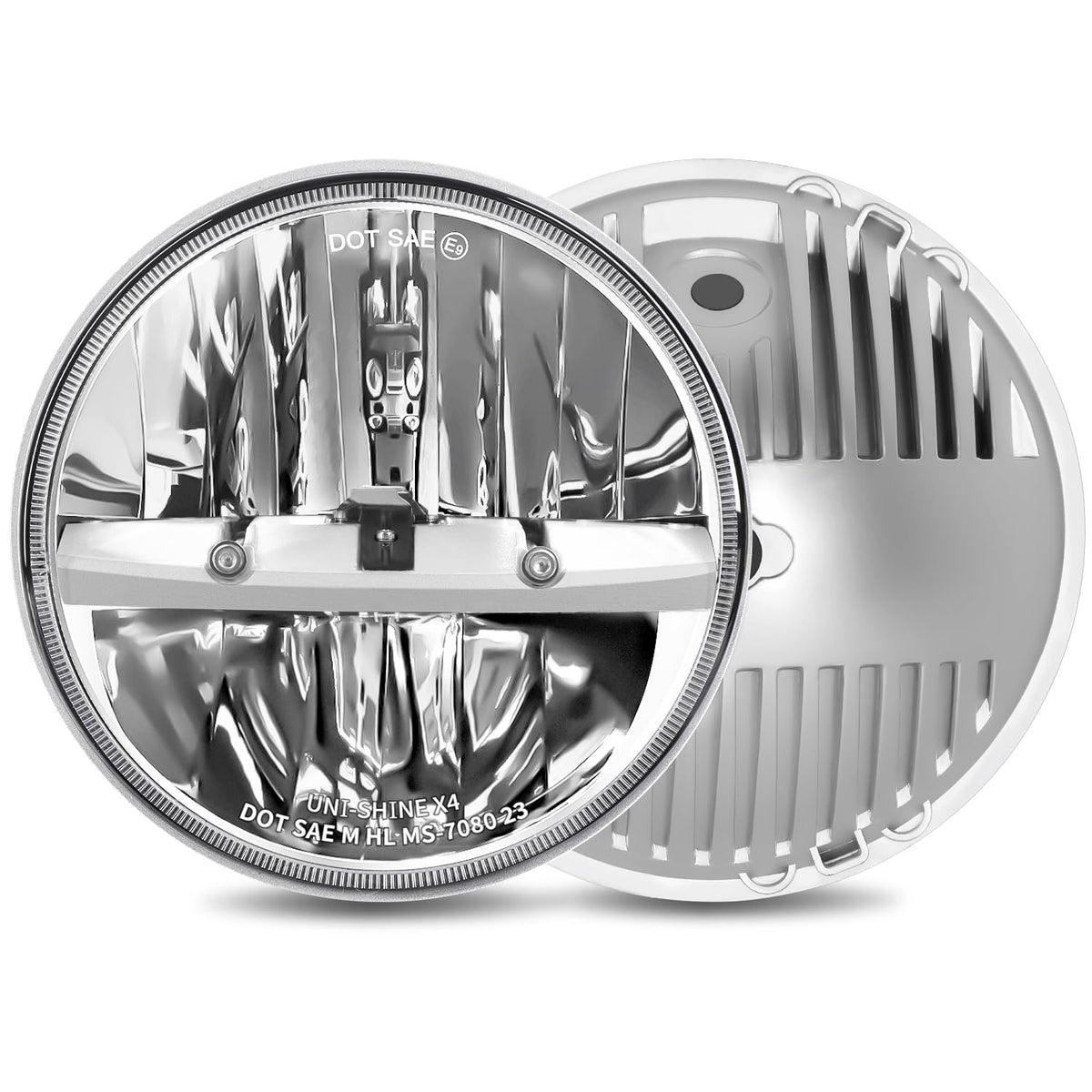 UNI-SHINE front view showing chrome 7-inch LED headlights and benefits of brighter illumination