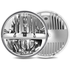 UNI-SHINE front view showing chrome 7-inch LED headlights and benefits of brighter illumination