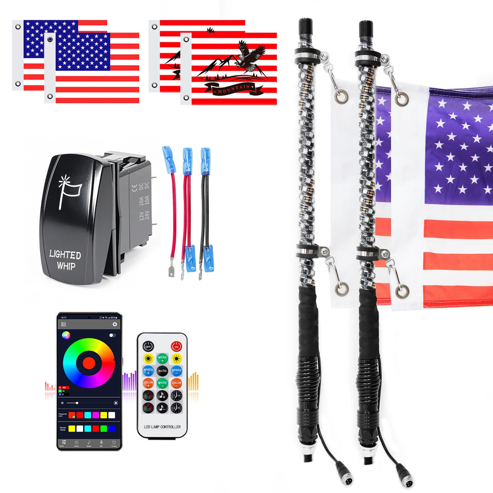 UNI-SHINE front packaging showing two 2ft whips and accessories, easy setup benefit