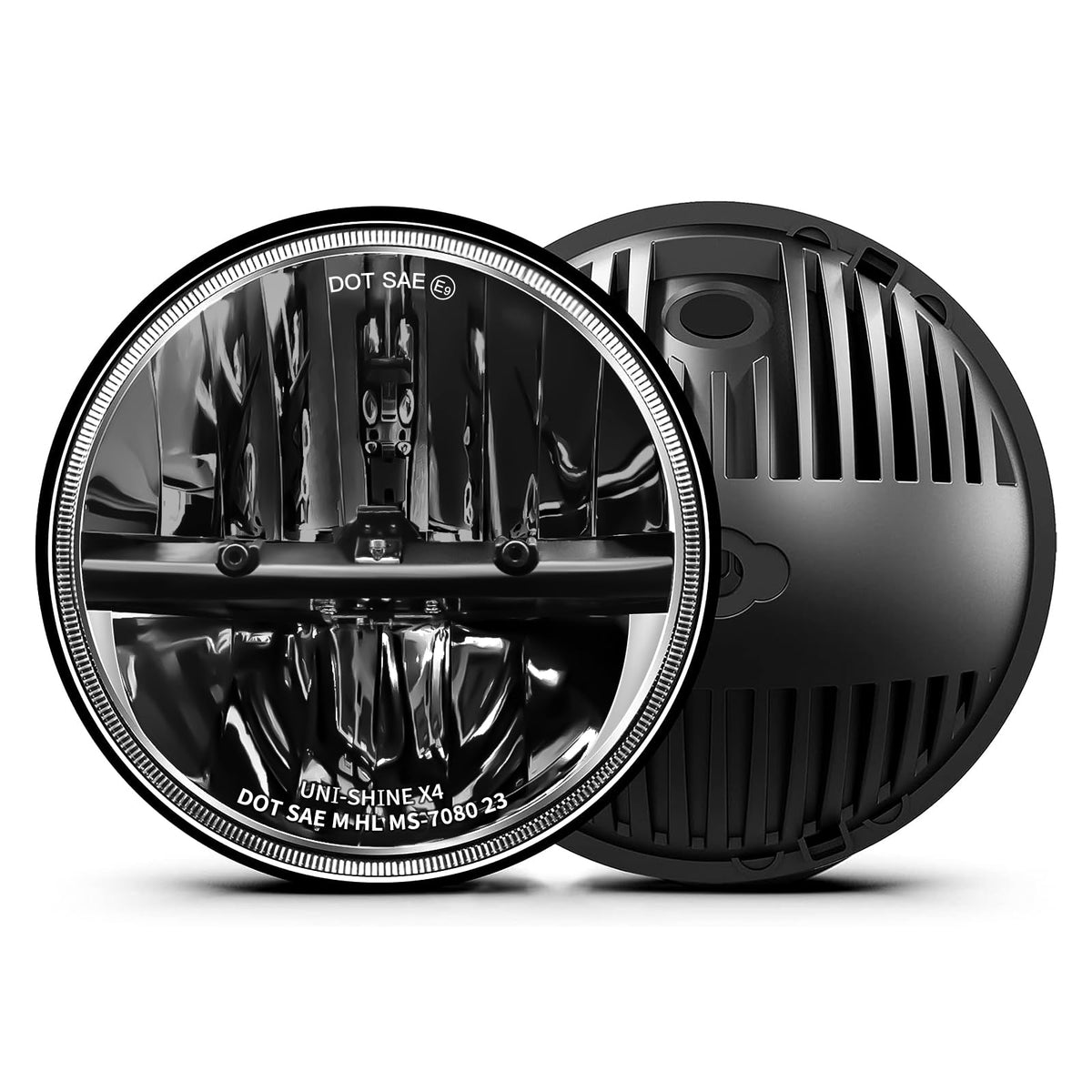 UNI-SHINE front view of both headlights showing plug and lens for easy upgrade