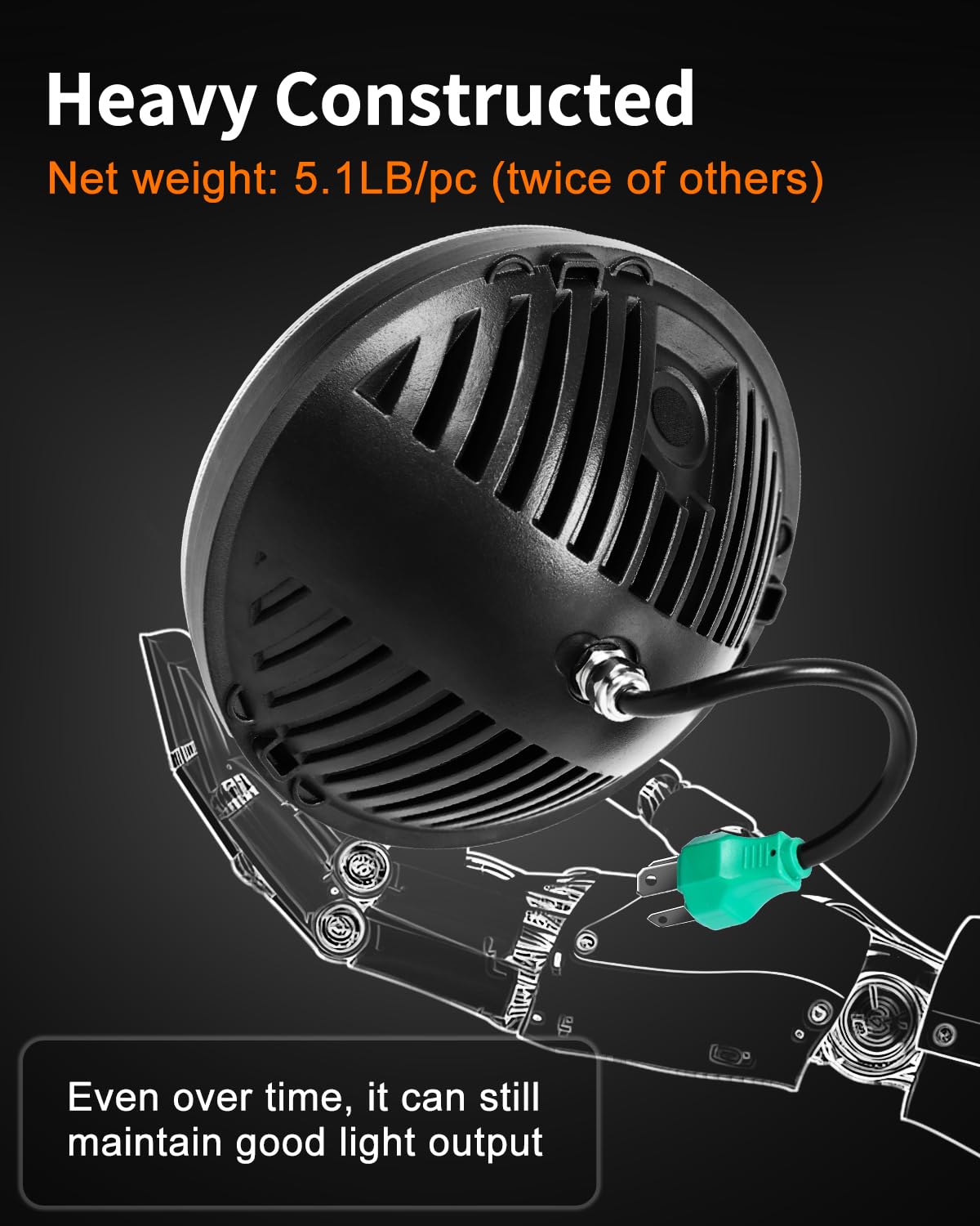 UNI-SHINE rear die-cast aluminum housing showing cooling fins for long life