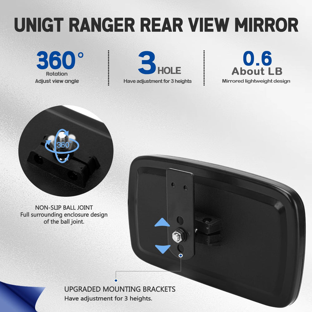 UNIGT mirror installed on Polaris Ranger illustrating improved rear coverage