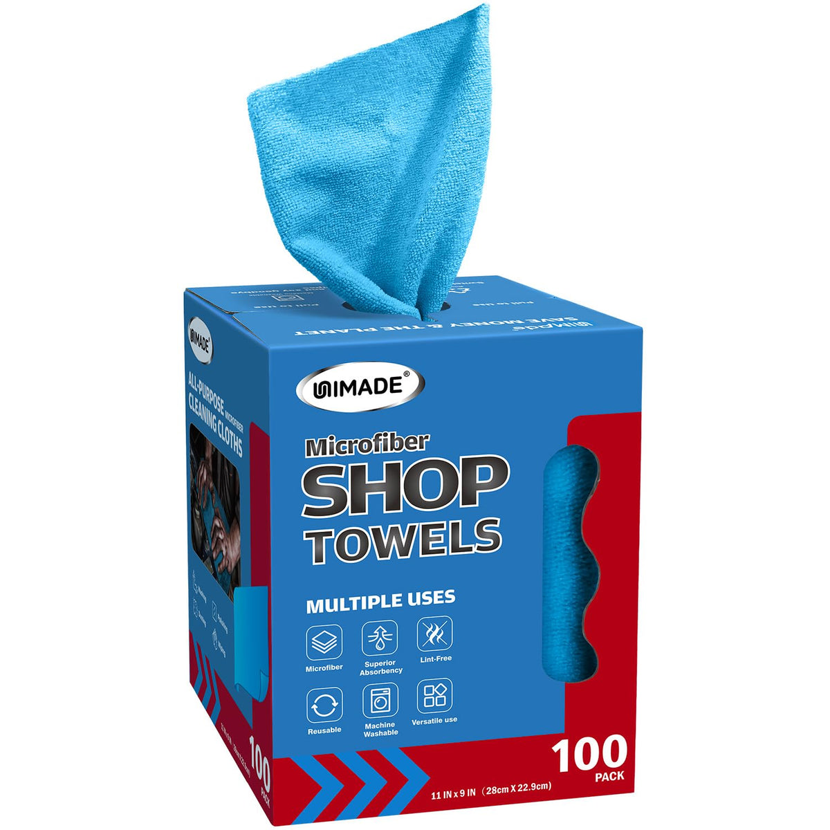 UNIMADE front packaging showing 100-sheet microfiber roll and easy storage benefit