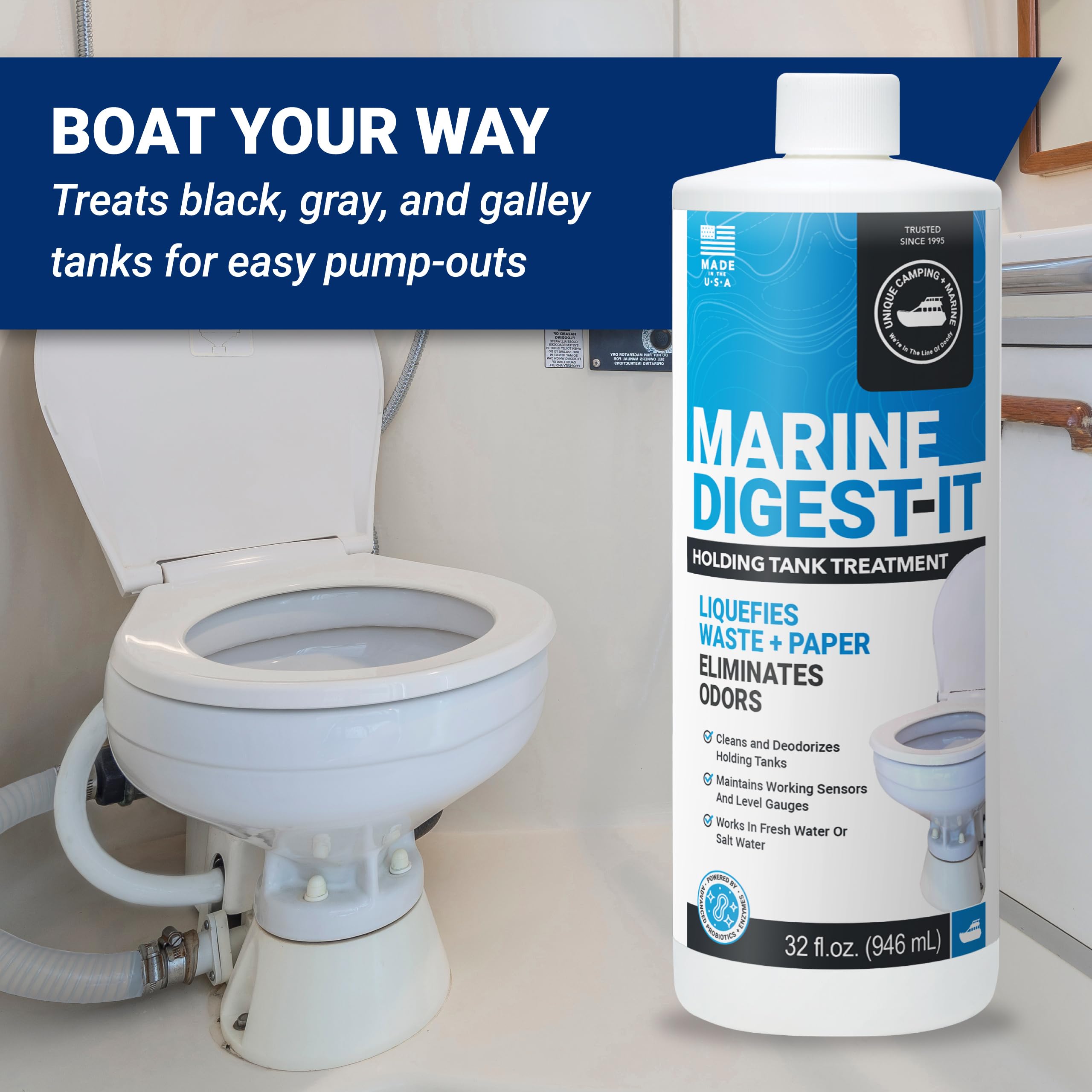 Unique Marine Digest-It bottle beside marine toilet in berth demonstrating onboard use benefit