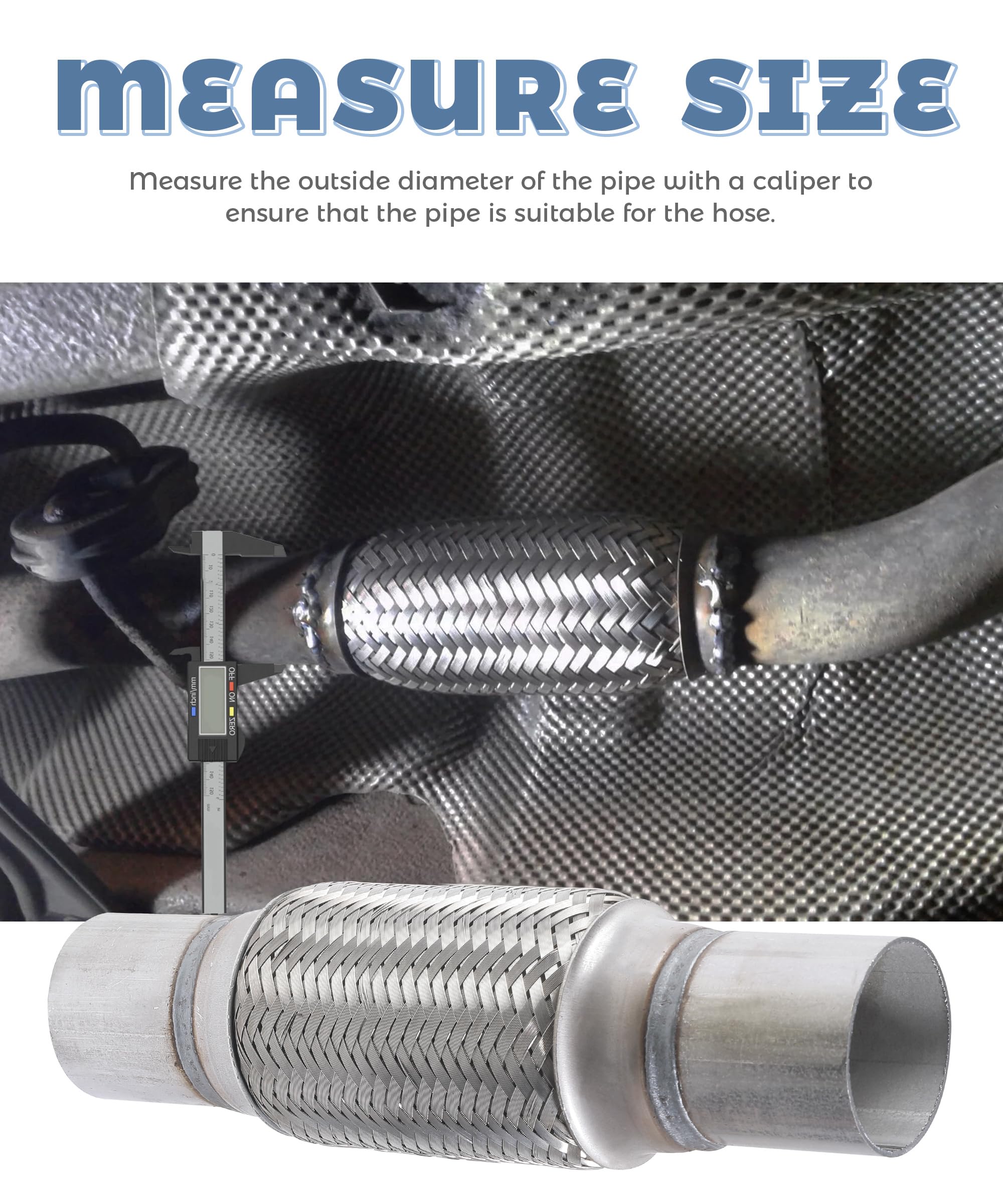 UNLRAE flex pipe next to ruler showing dimensions and easy trim-to-fit advantage