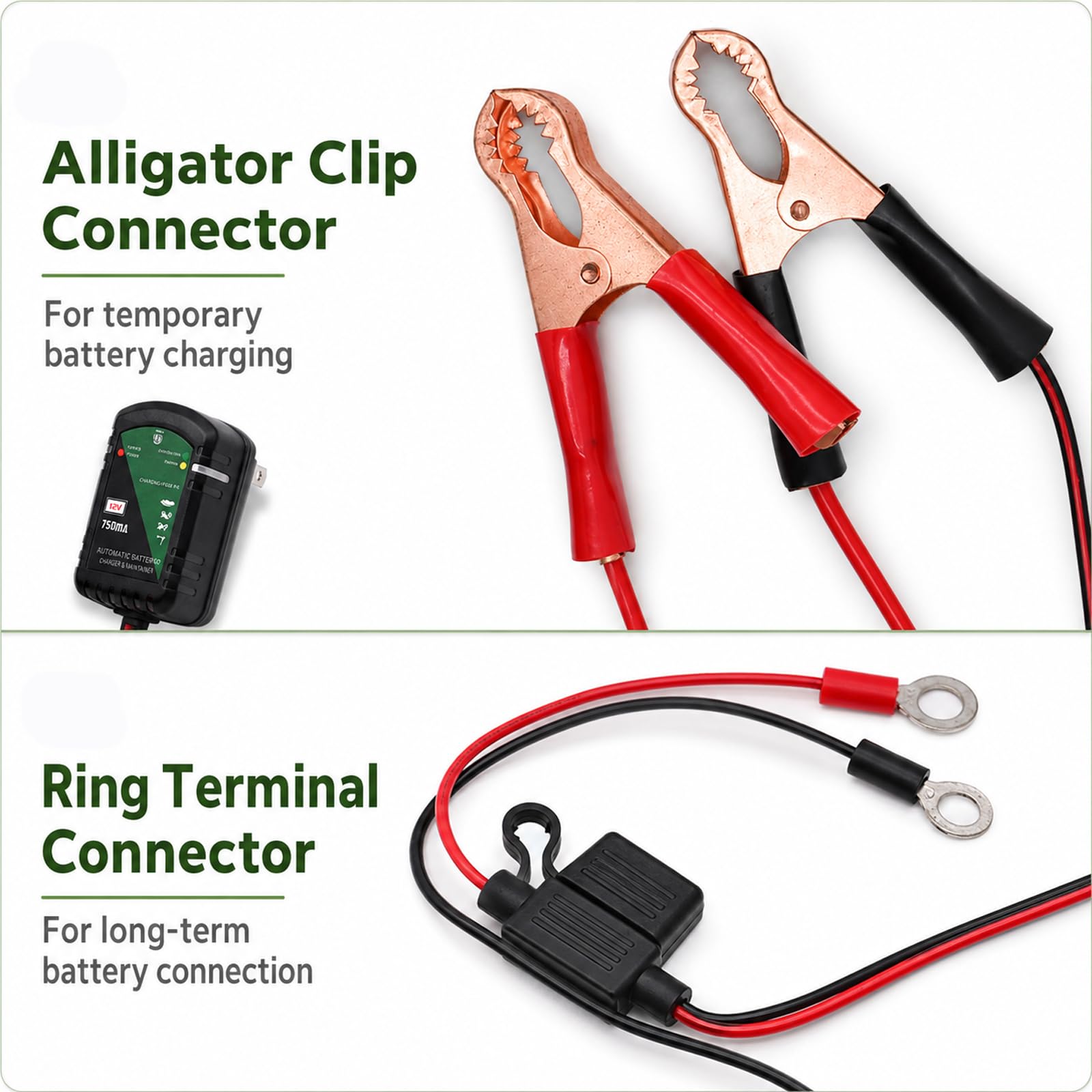 Unocho installed on a motorcycle battery in use, keeps vehicle battery topped up