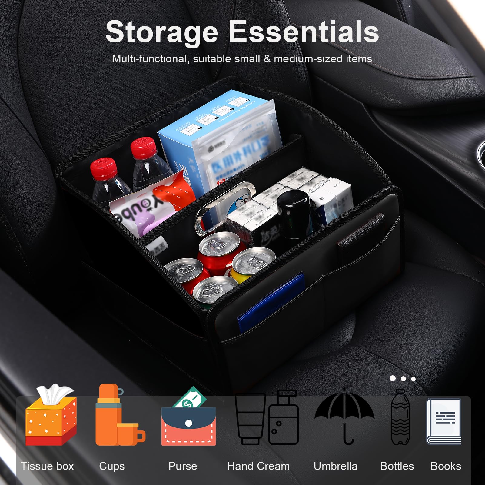 Uplien capacity demo with items benefit: holds purse, tissues, drinks safely