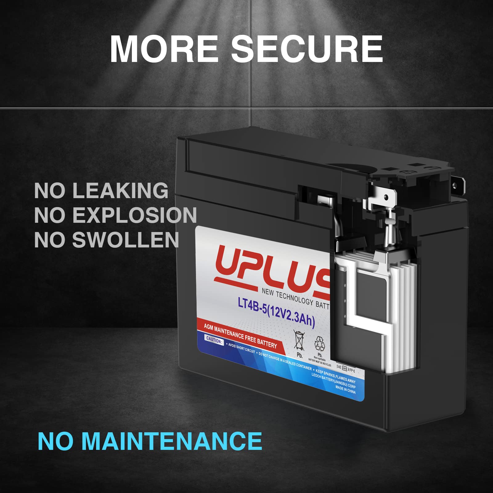 UPLUS label showing 12V 2.3Ah and 40 CCA for reliable starting power