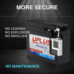 UPLUS label showing 12V 2.3Ah and 40 CCA for reliable starting power