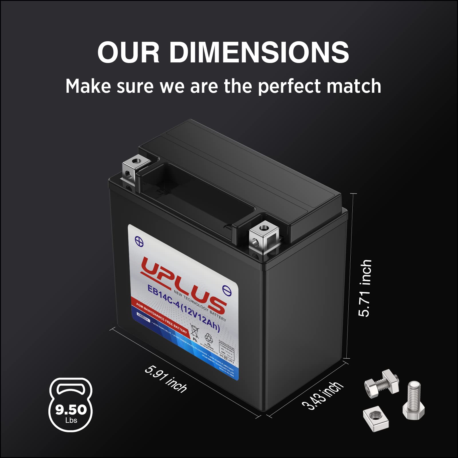 UPLUS YTX14-BS label closeup displaying specs and easy identification benefit
