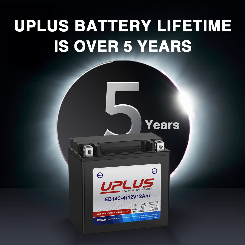 UPLUS YTX14-BS top terminals closeup showing [+,-] polarity for safe hookup