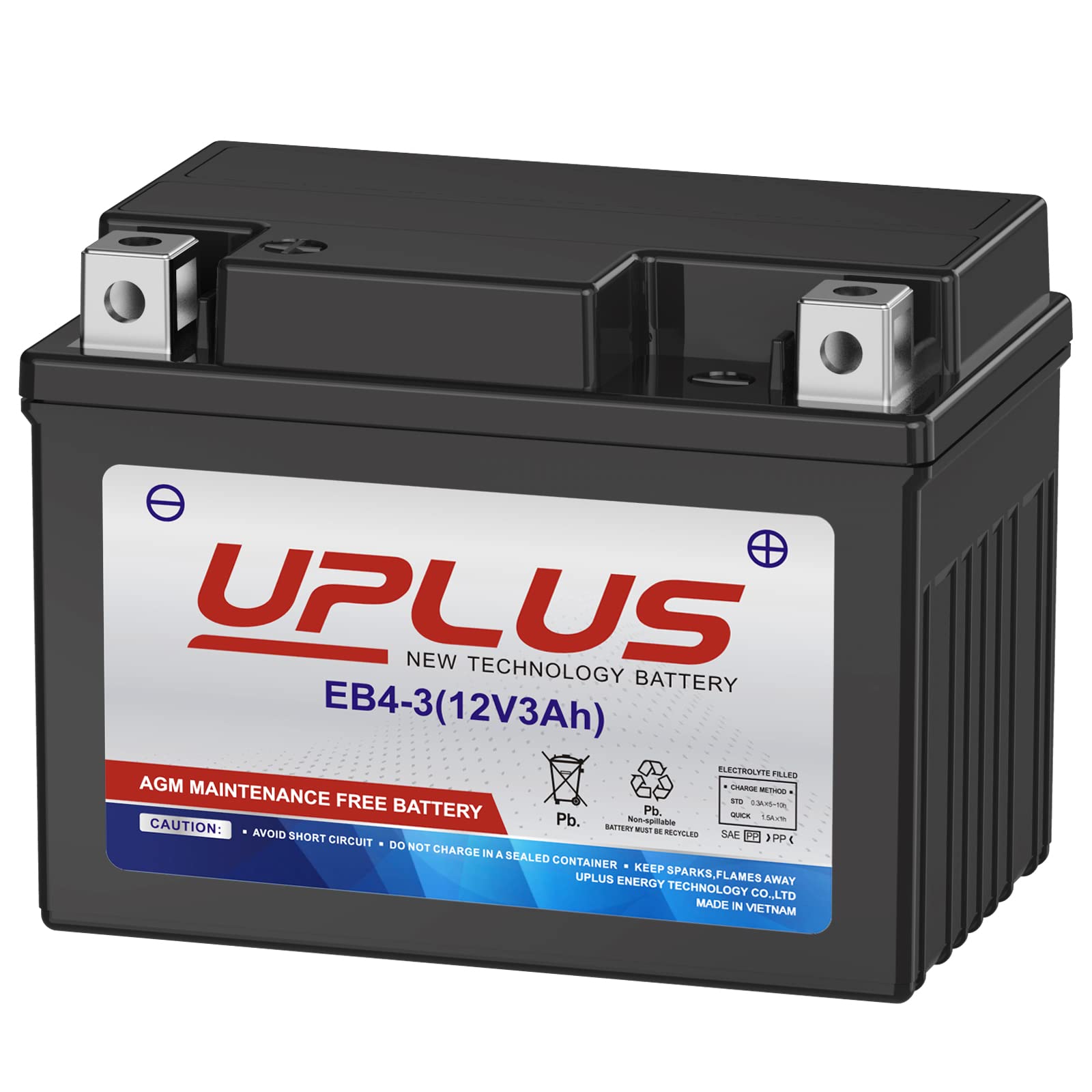 UPLUS battery front view showing compact maintenance-free design and reliable power