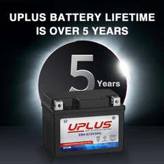 UPLUS battery label and specs close-up showing model, voltage, and safety details