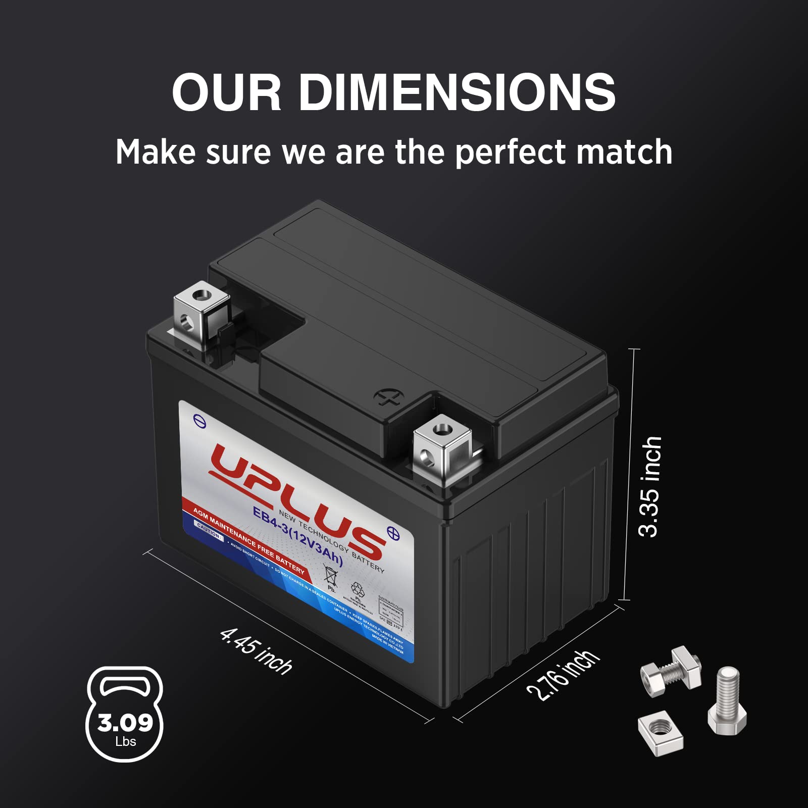 UPLUS battery top terminal close-up showing clear [- +] terminals for easy installation