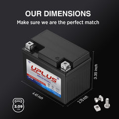 UPLUS battery top terminal close-up showing clear [- +] terminals for easy installation