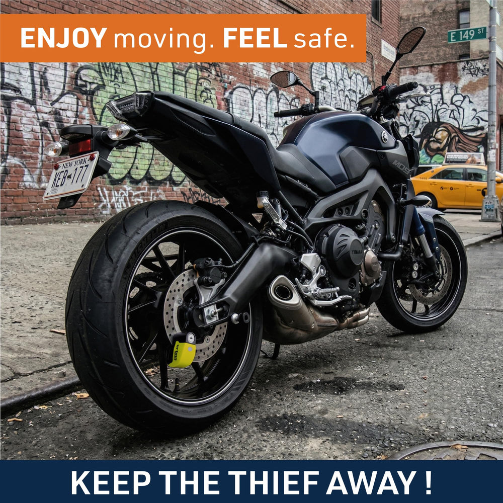 urban UR6 locked on motorcycle brake disc for visible theft deterrence
