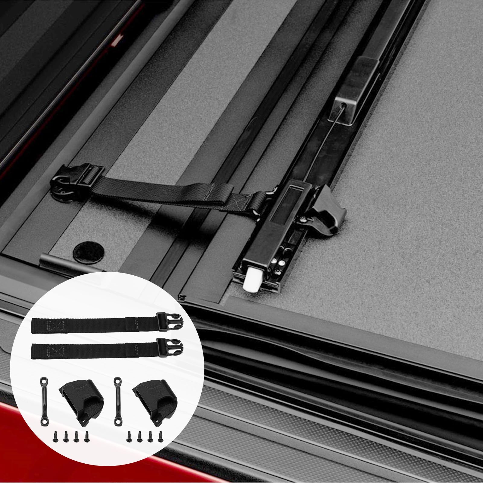 URYKEC buckle kit fitted on truck bed securing a BakFlip-style tonneau cover