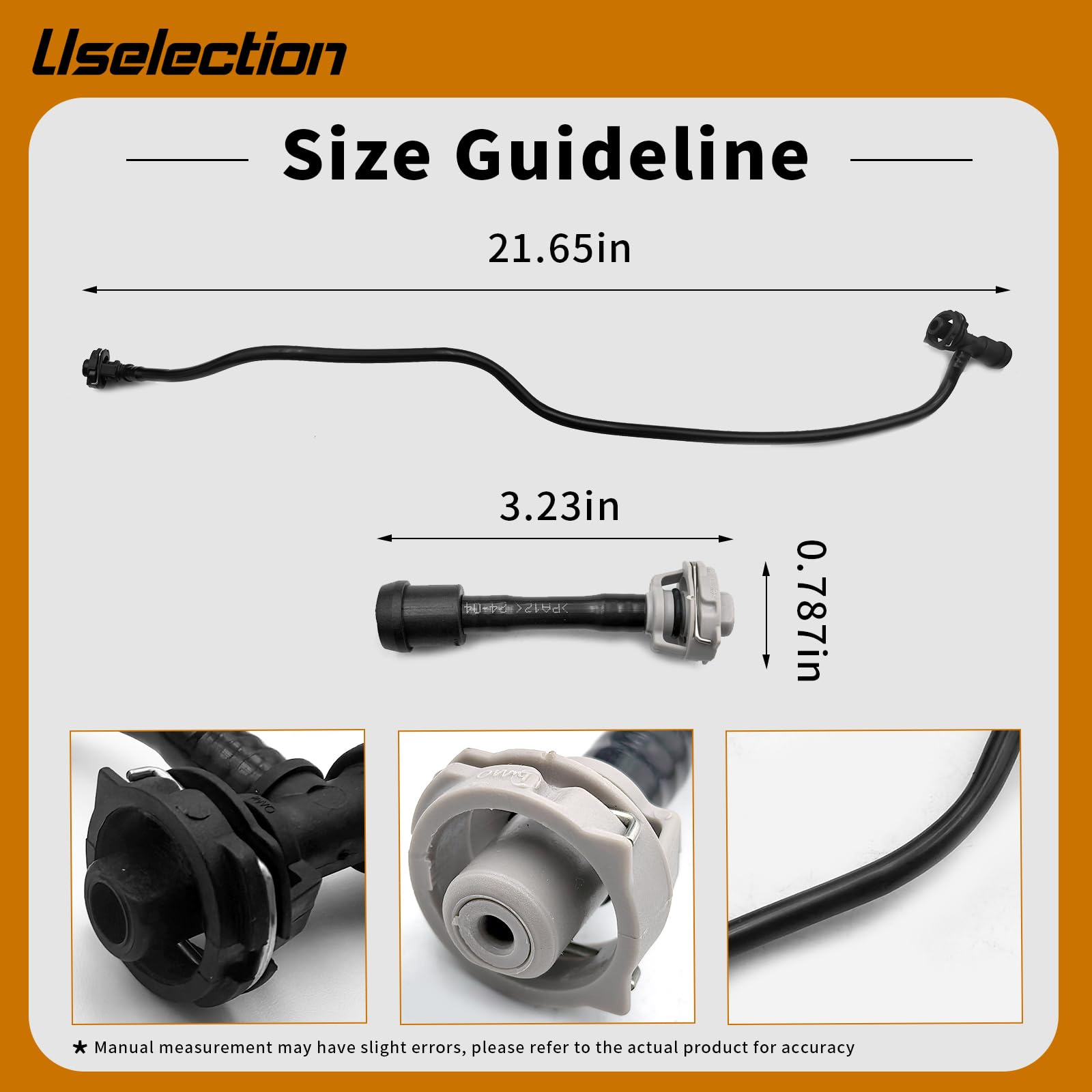 Uselection hoses beside ruler for scale confirming correct OEM dimensions
