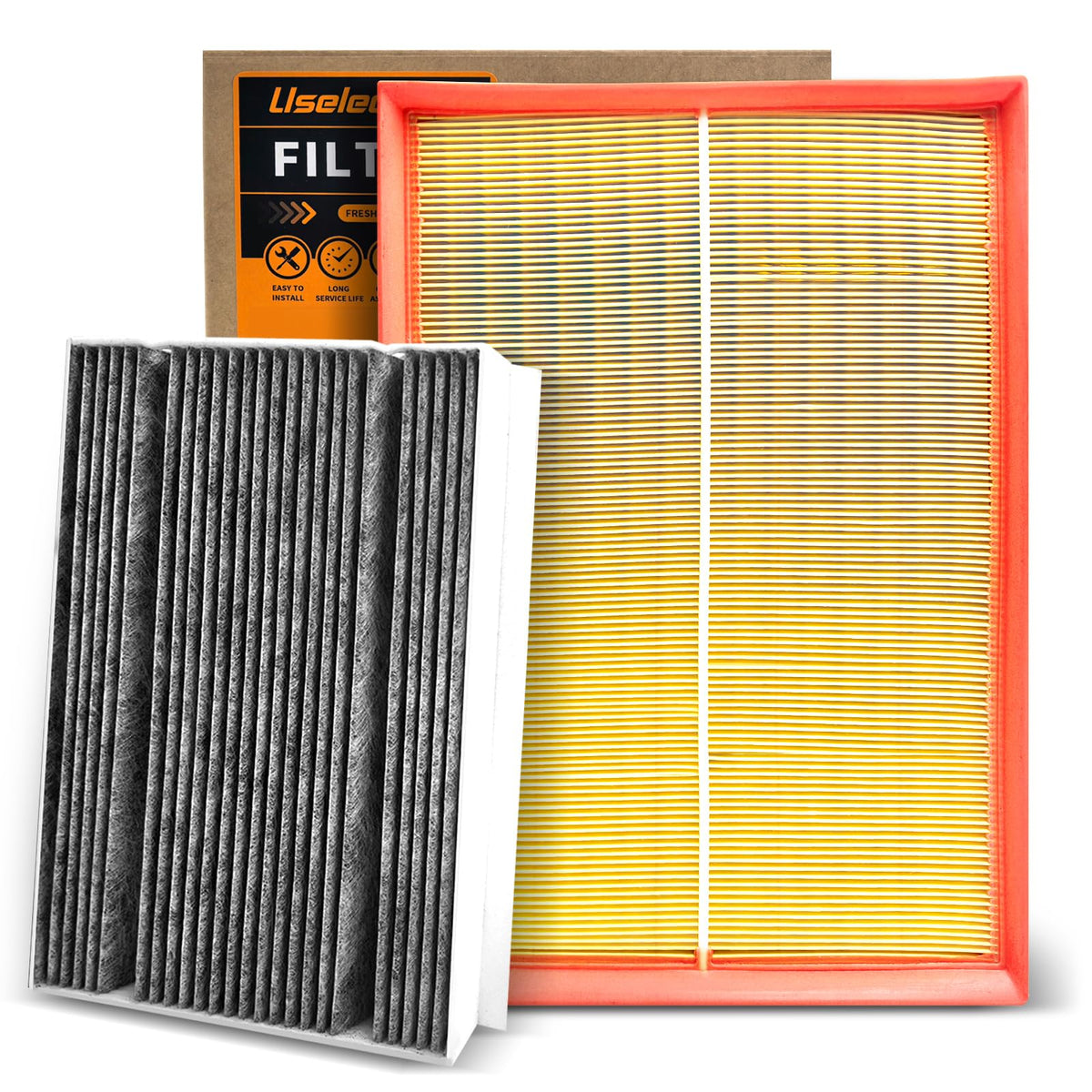 Uselection cabin and engine filter kit front packaging showing contents and fitment