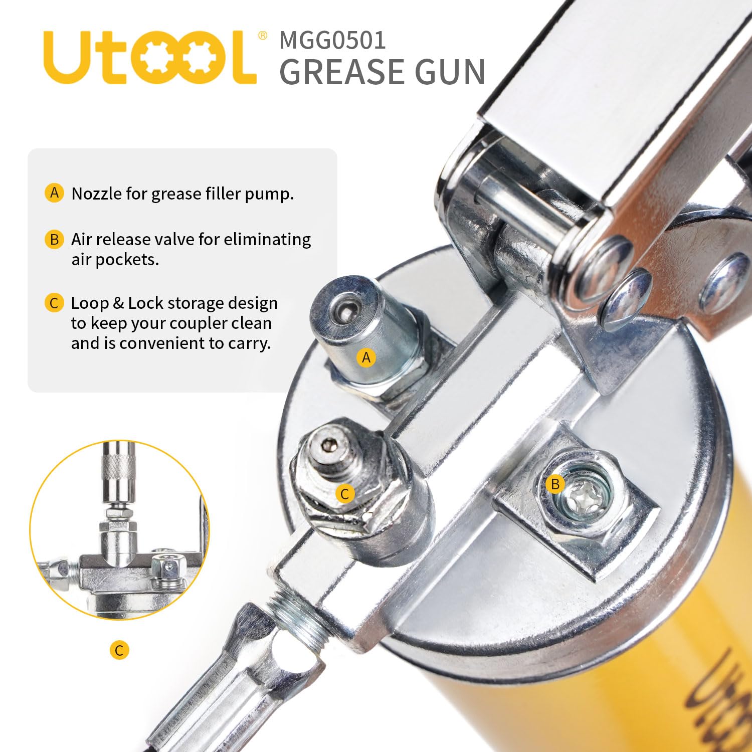 UTOOL coupler detail showing patented push-lock-lubricate mechanism for fast connection