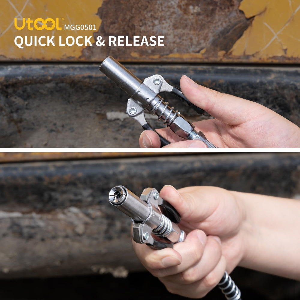UTOOL flex hose attached to fitting demonstrating reach into tight spaces for ease