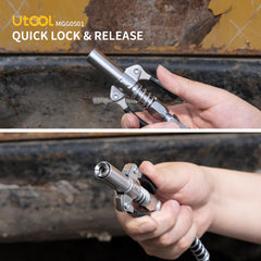 UTOOL flex hose attached to fitting demonstrating reach into tight spaces for ease