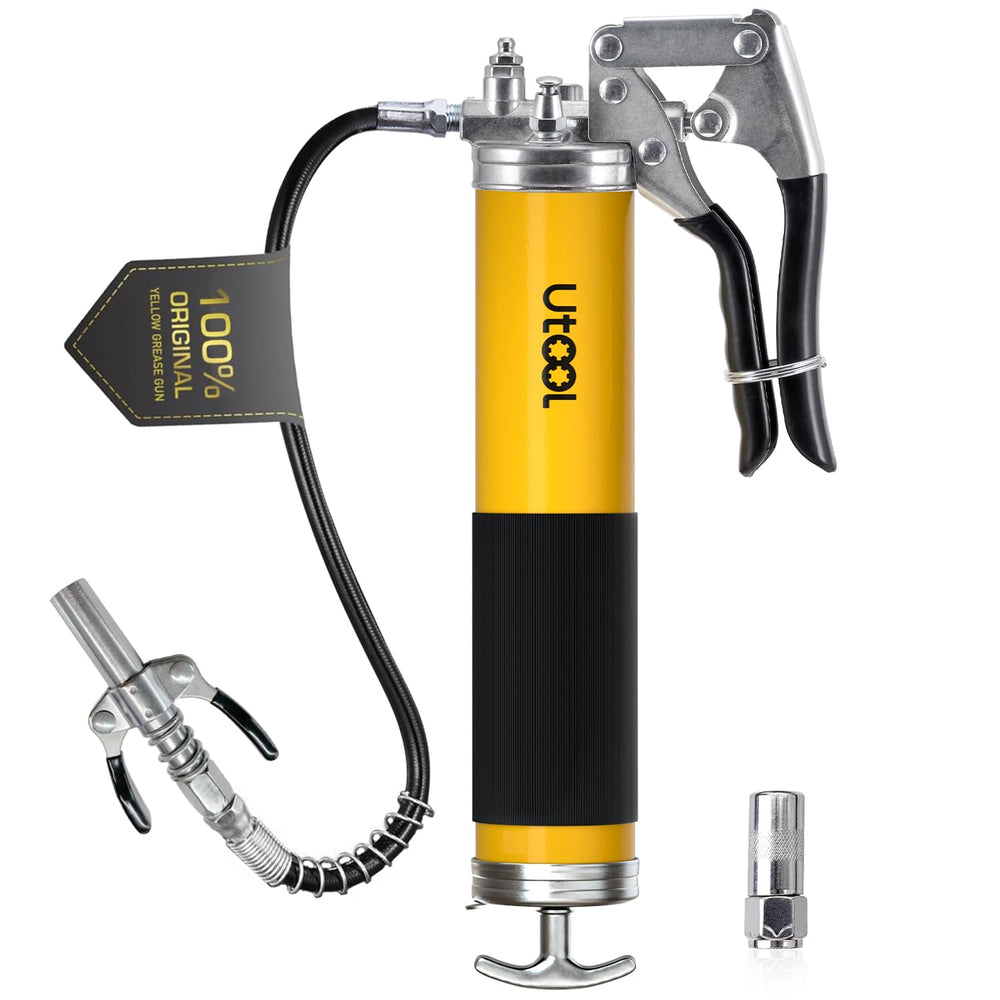 UTOOL grease gun front view showing compact 14 oz reservoir and durable finish