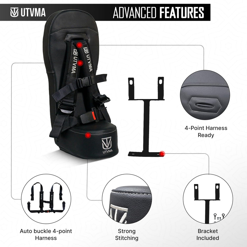 UTVMA kid seated and harnessed demonstrating comfort and secure ride