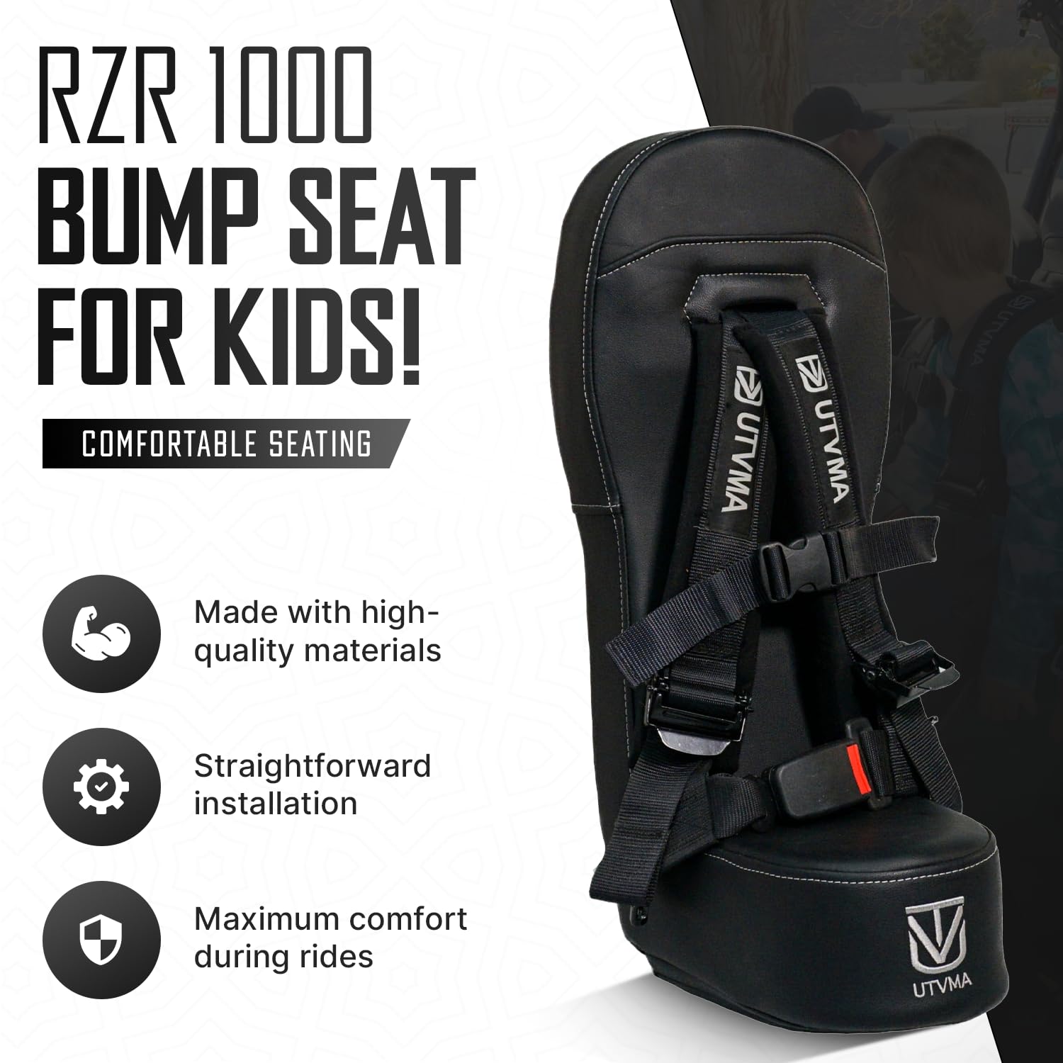 UTVMA bump seat installed in RZR rear position improving child visibility