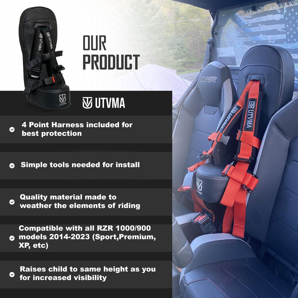 UTVMA side profile of bump seat mounted to RZR emphasizing low bulk