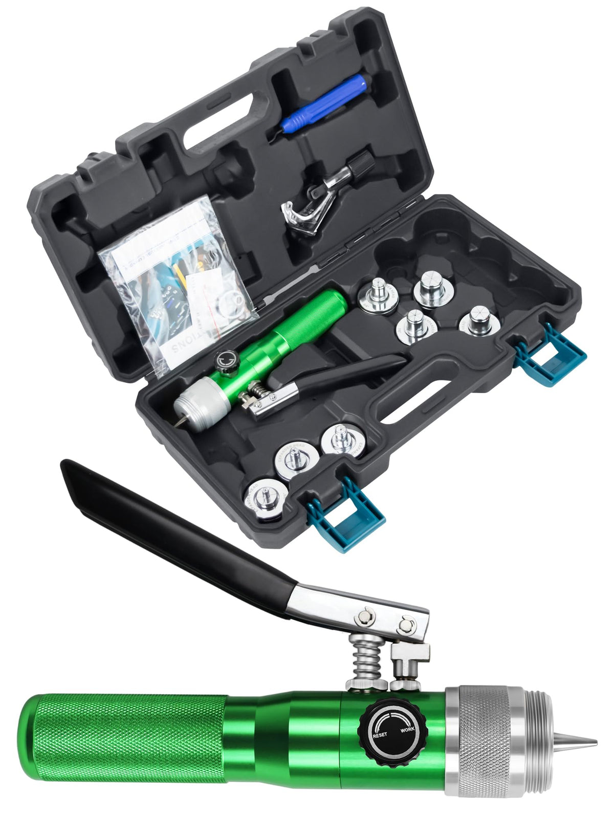 UTZIKO hydraulic swager front view showing pump and handle for faster swaging