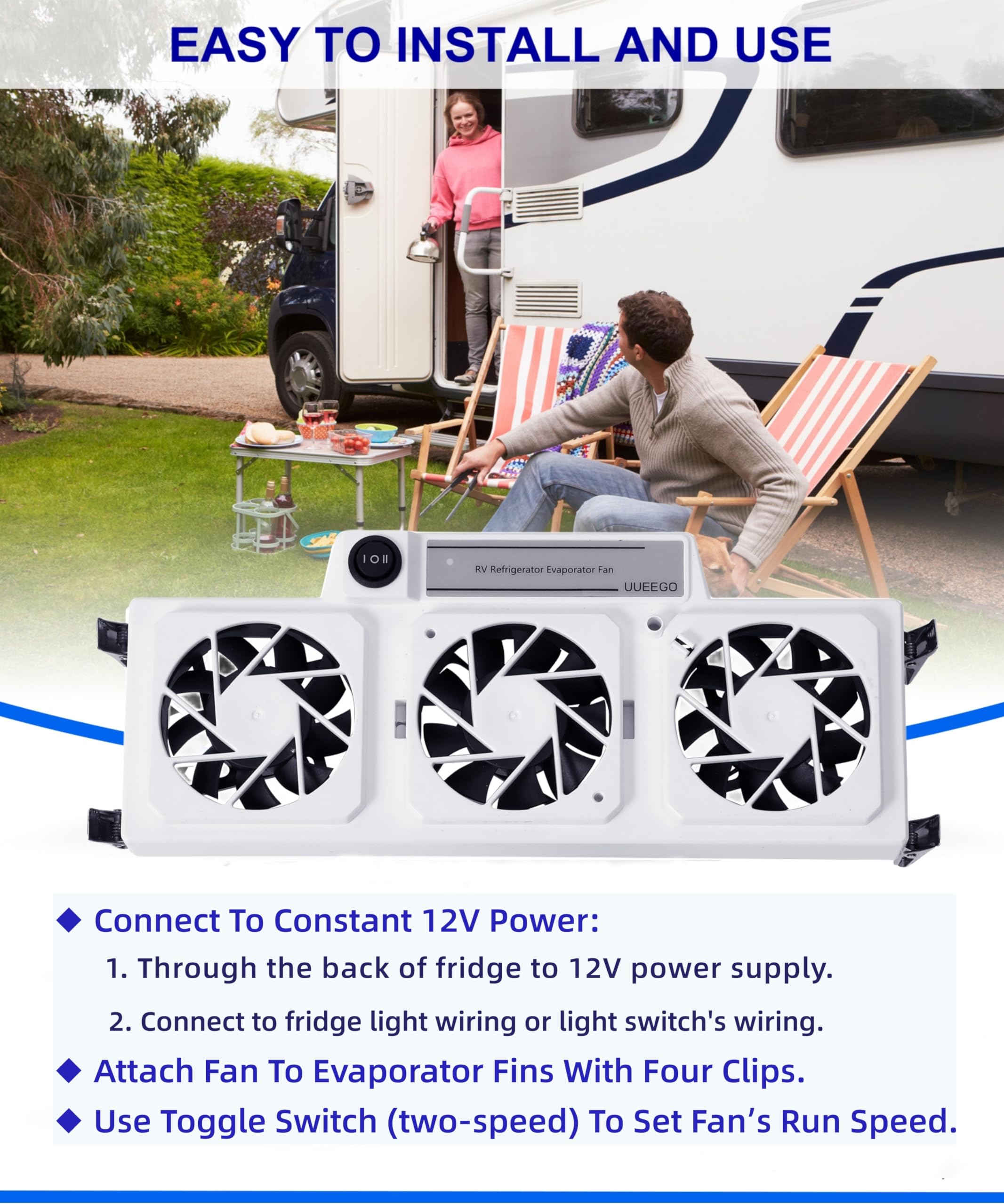 uueego installed inside RV fridge demonstrating even cold distribution