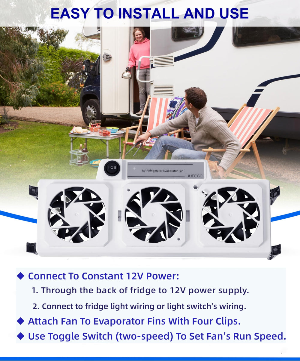 uueego installed inside RV fridge demonstrating even cold distribution