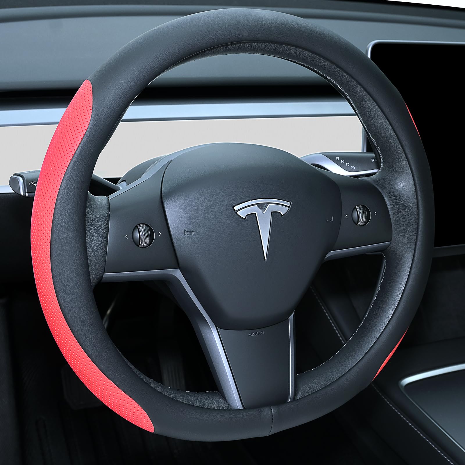 Uxcer red cover front view shows precise fit and stylish accent for Tesla