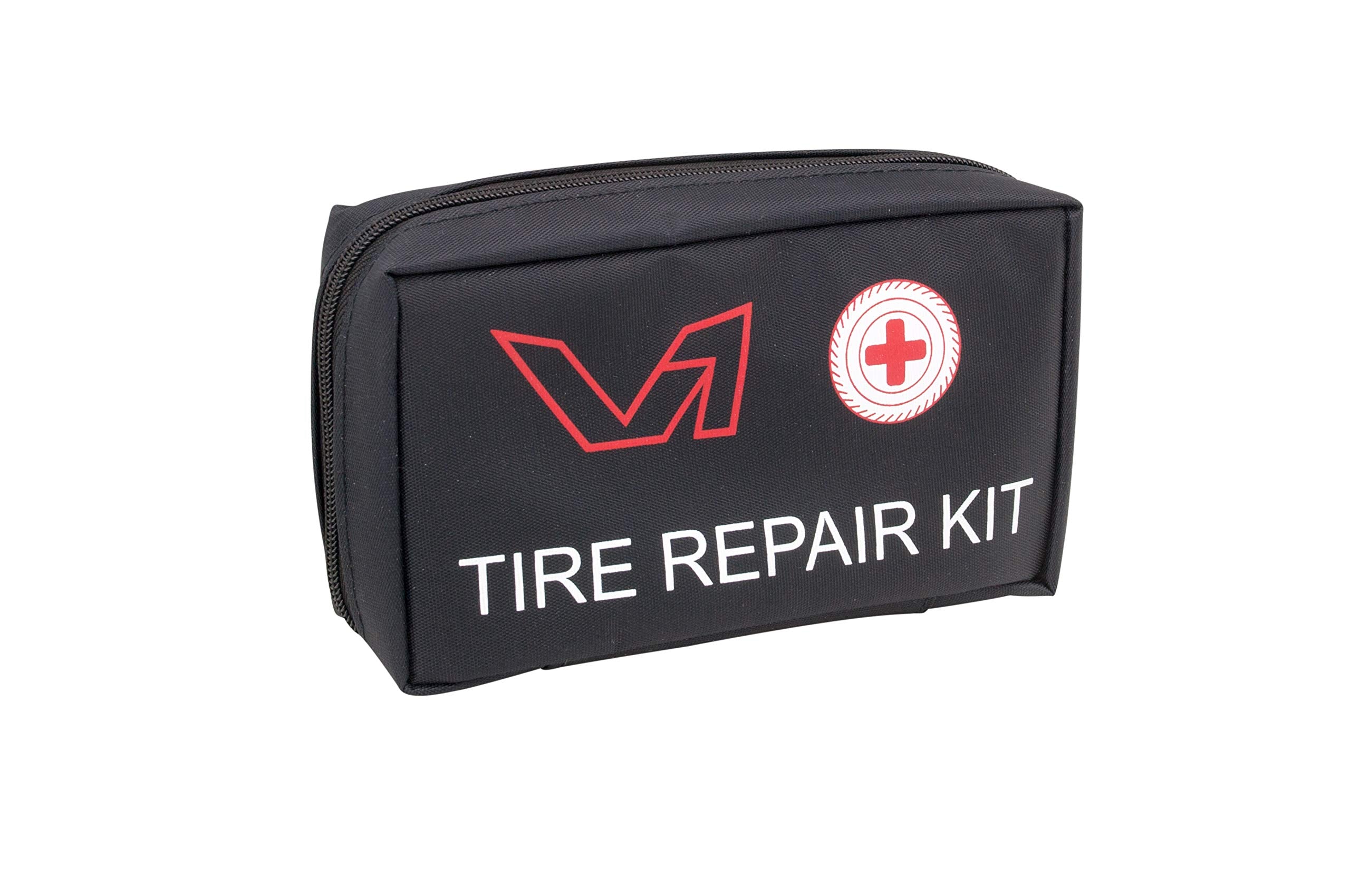 V1 Motor kit in use on a motorcycle tire for roadside puncture repair