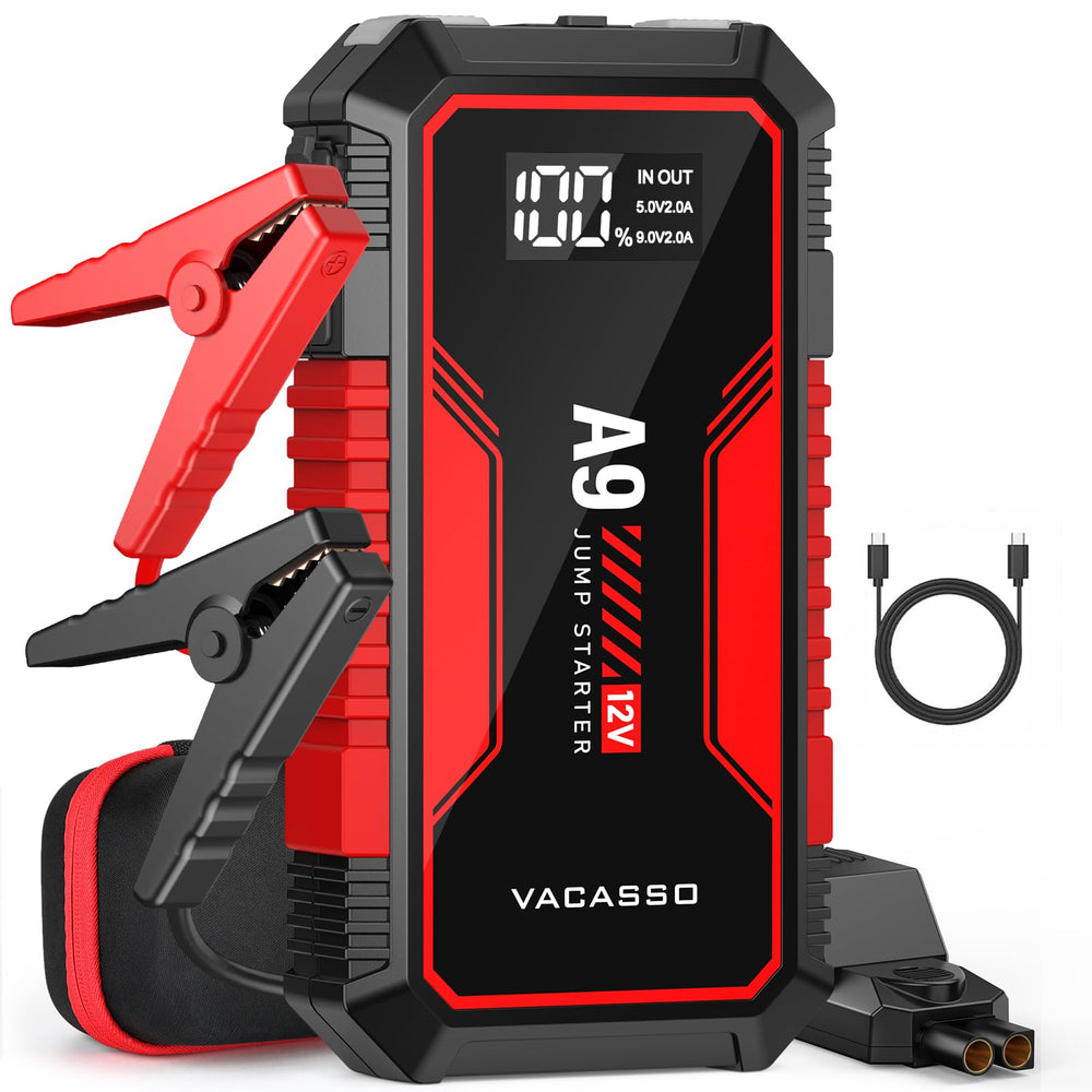VACASSO A9 front view showing compact jump starter and quick access controls for roadside readiness