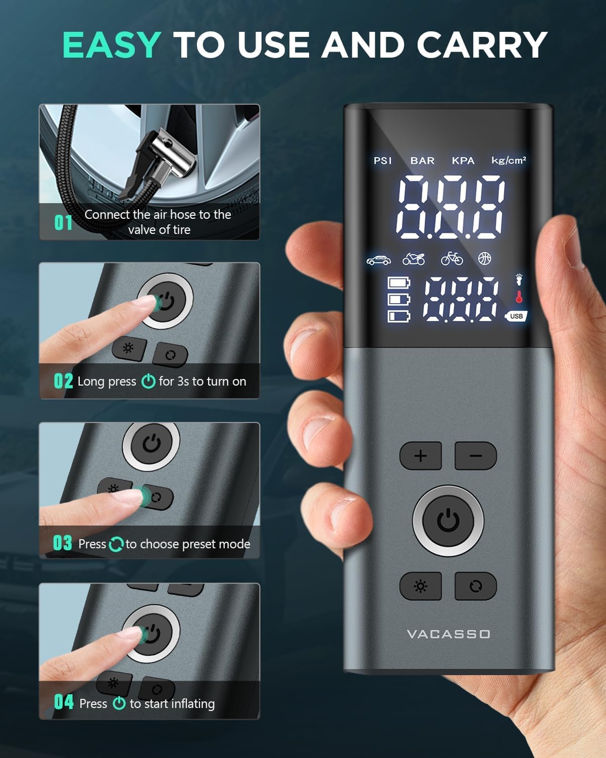 VACASSO dual LED display showing pressure and smart auto-off benefit