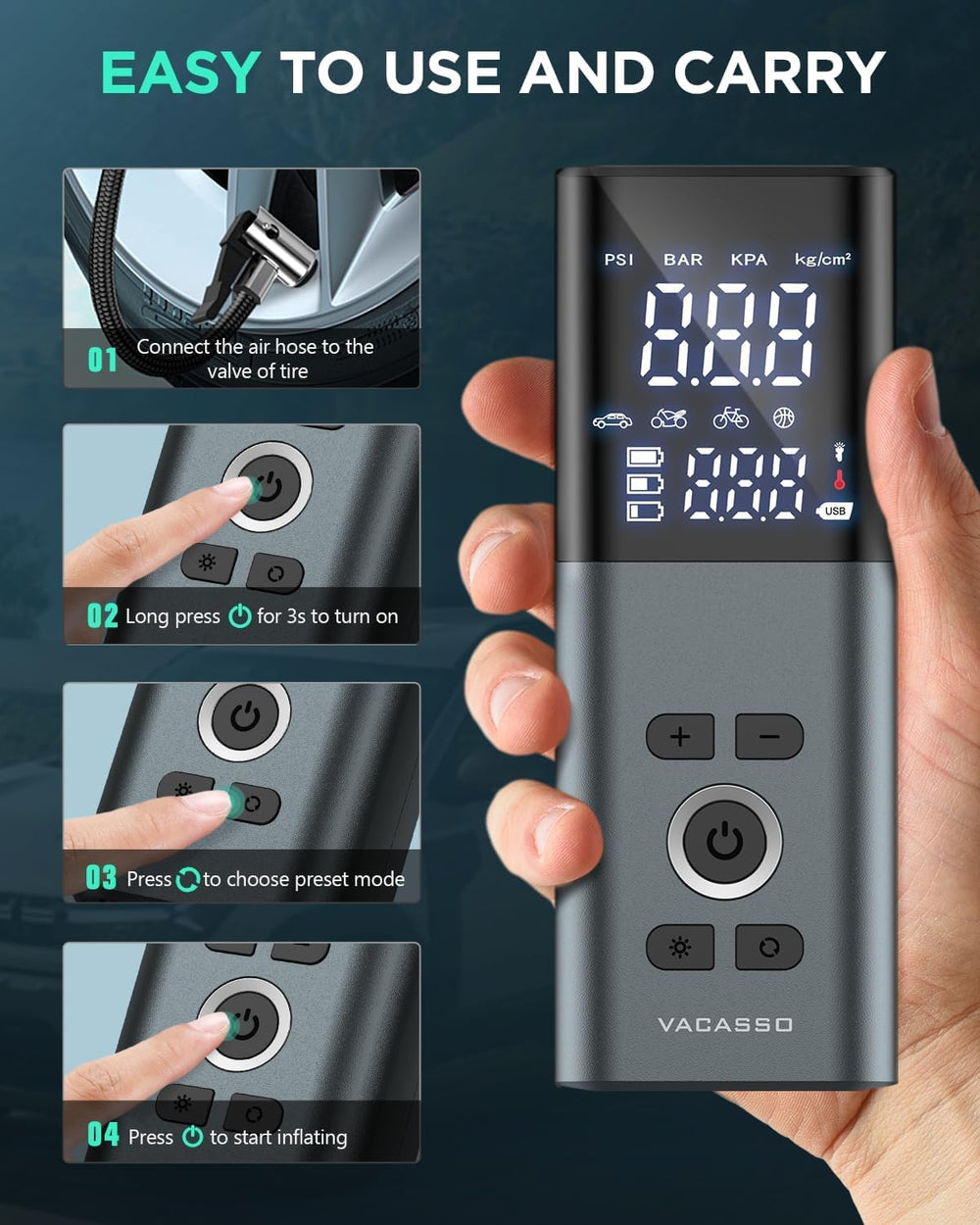 VACASSO dual LED display showing pressure and smart auto-off benefit