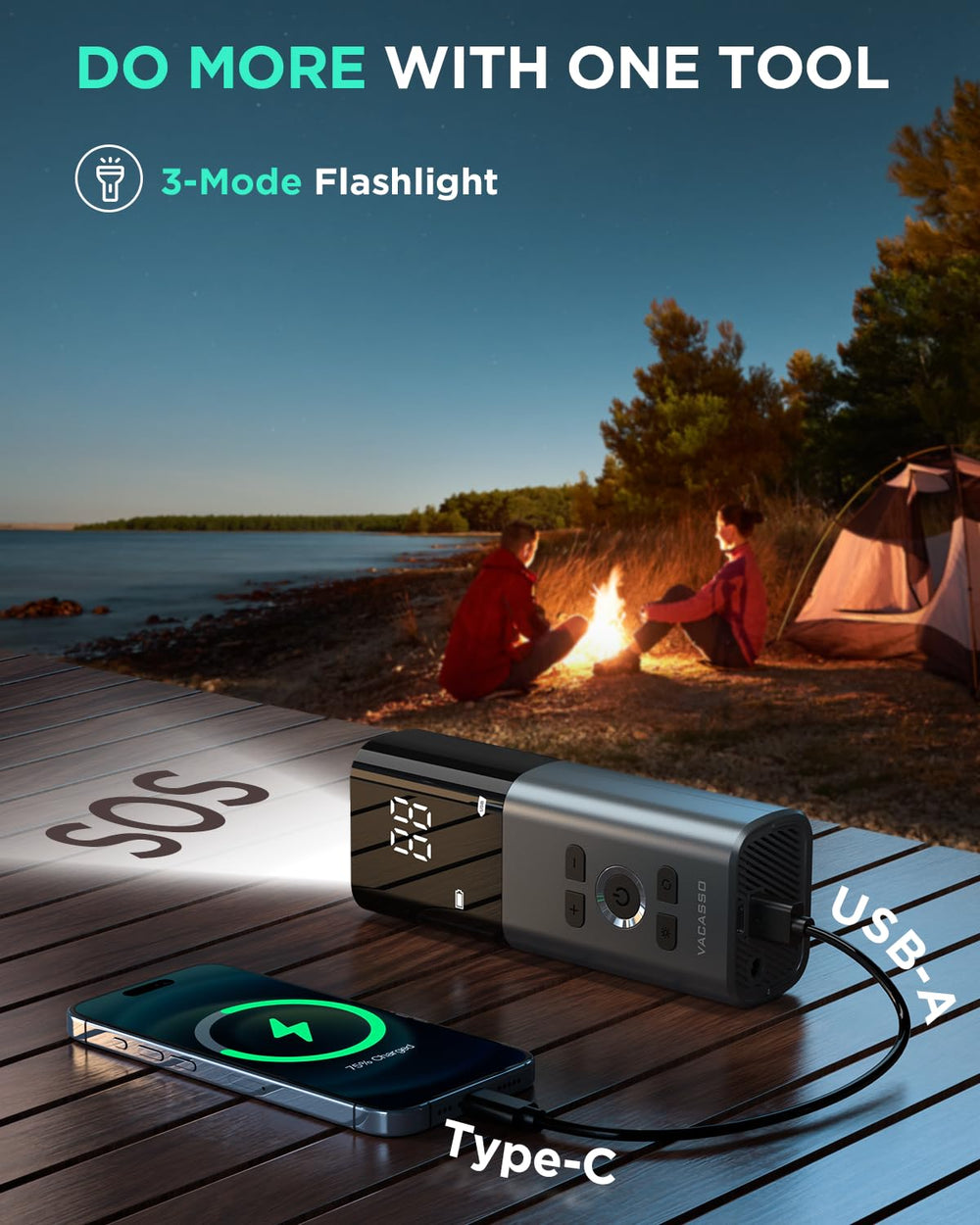 VACASSO flashlight and USB output showing night-use and charging benefit