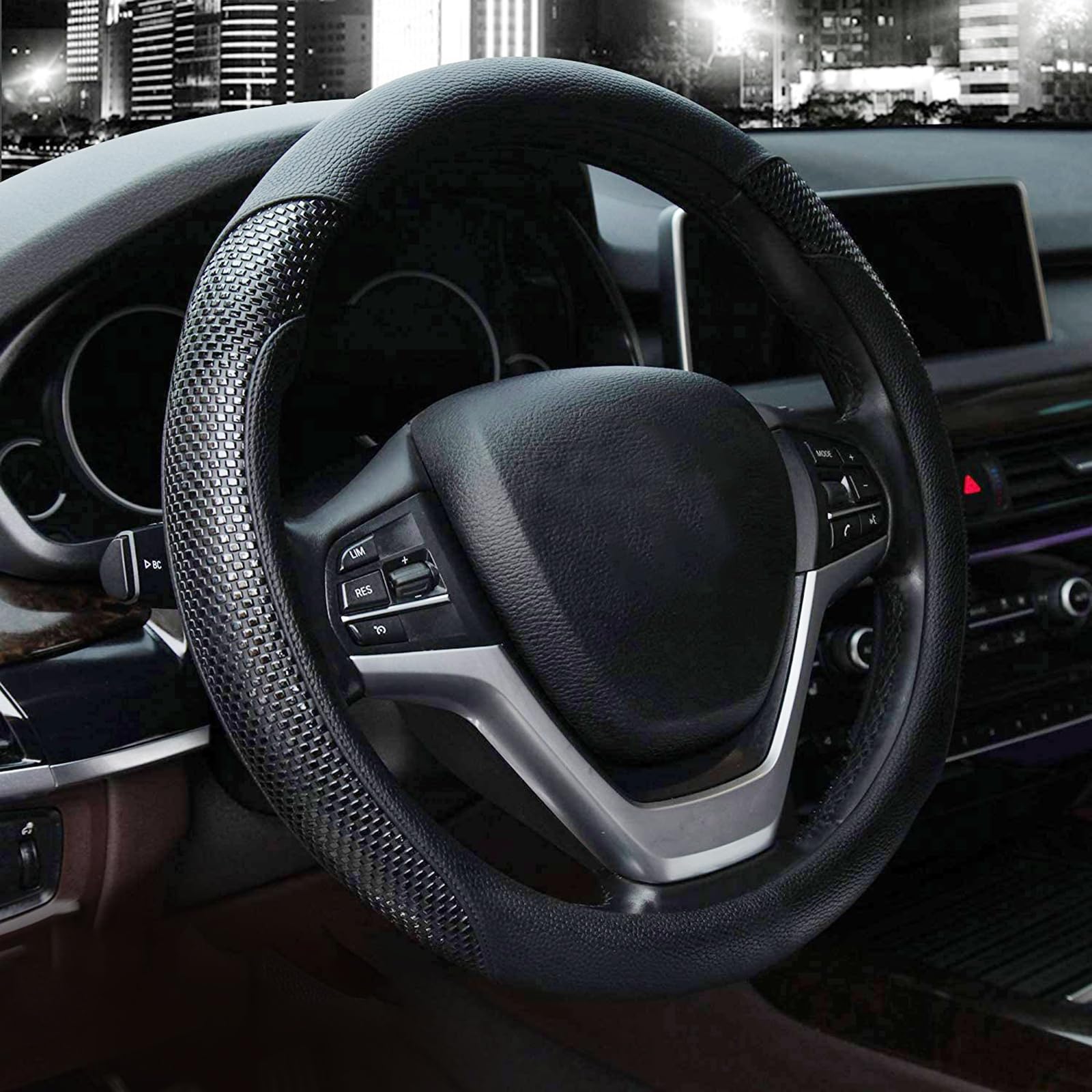 Valleycomfy front view of black steering wheel cover showing sleek finish and style