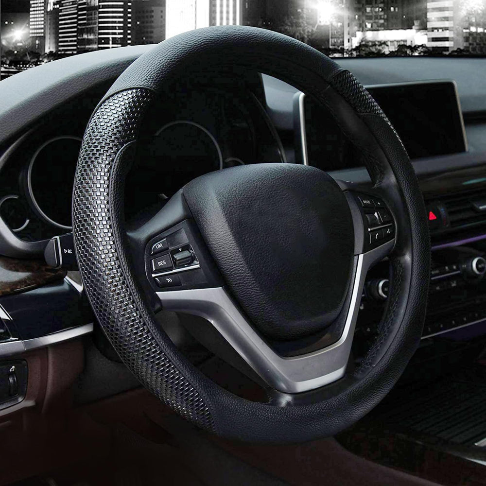 Valleycomfy front view of black steering wheel cover showing sleek finish and style