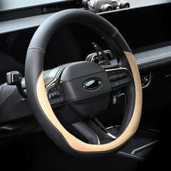 Valleycomfy front view of beige steering wheel cover showing clean finish and style benefit