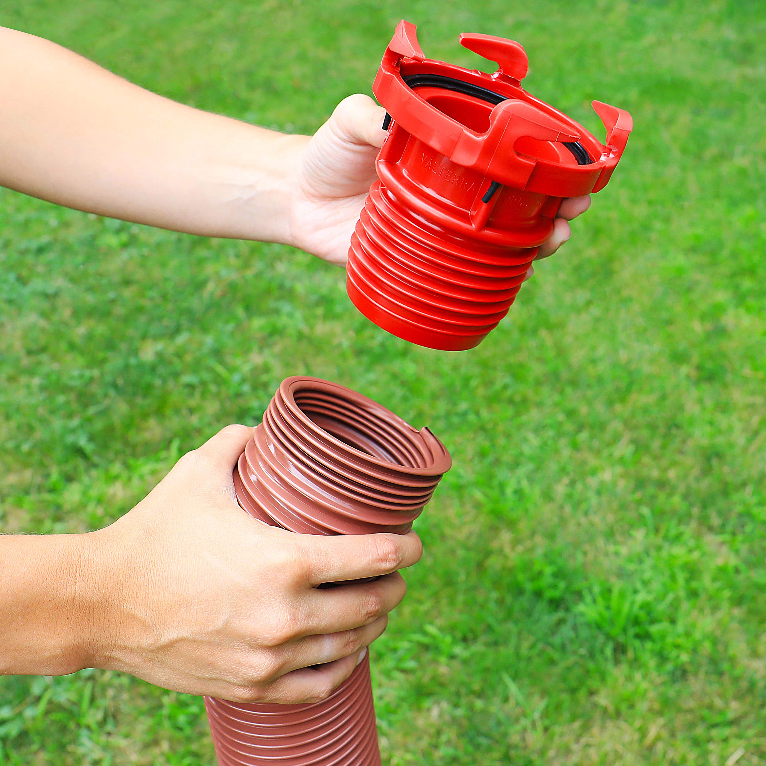 Valterra adapter connected to F02-3108 showing modular sewer line extension benefit