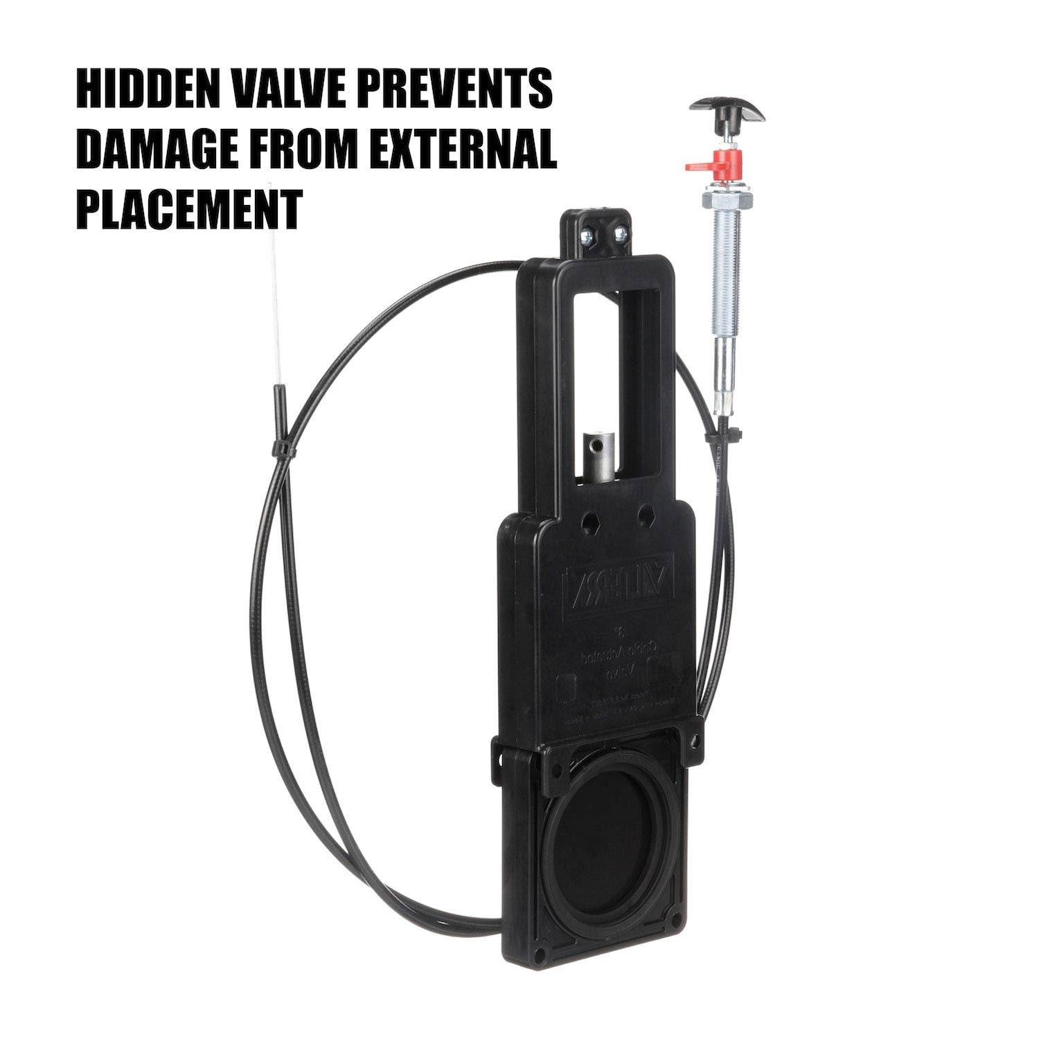 Valterra valve installed inside RV storage bay to prevent external damage