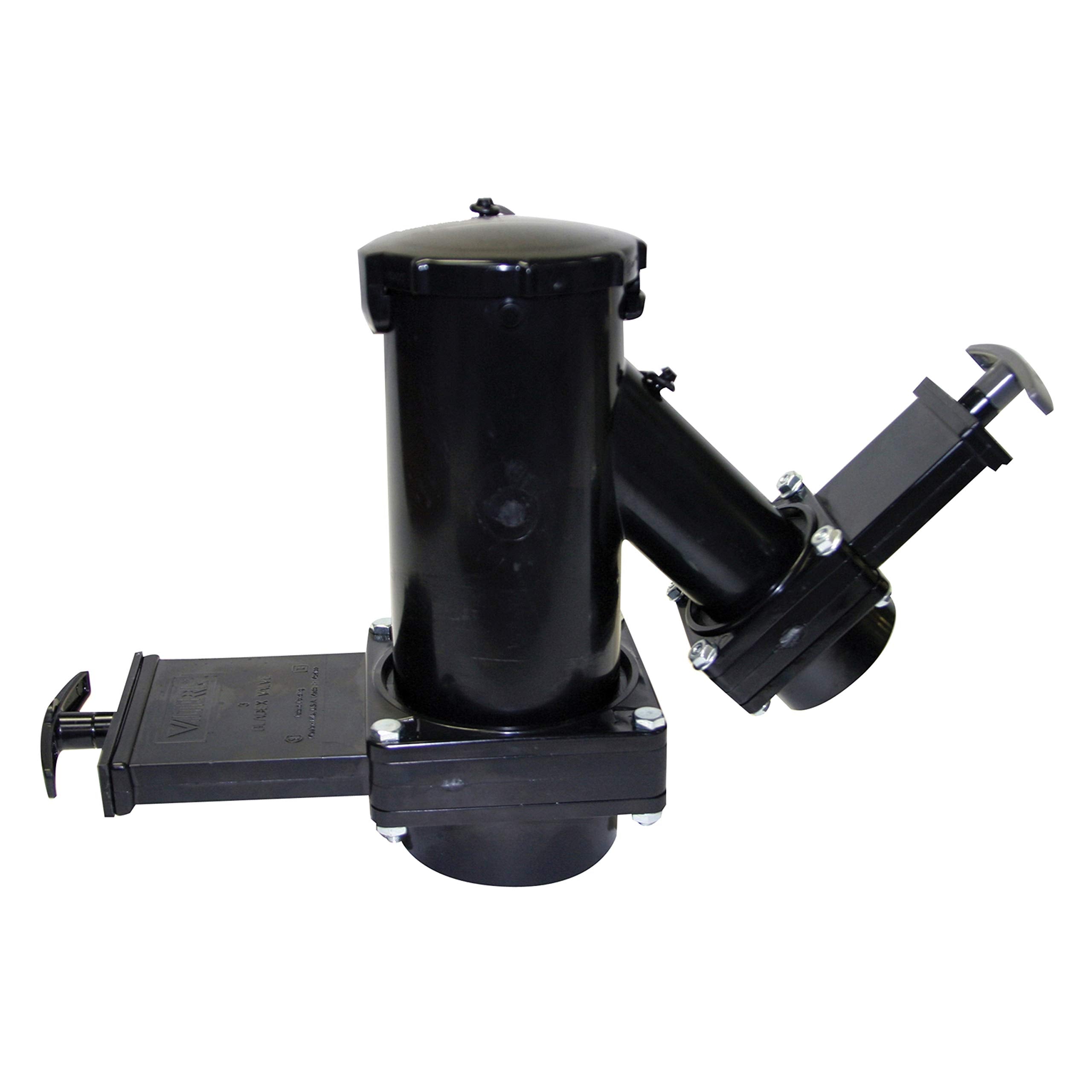 Valterra rotating wye valve front view showing durable black finish and easy-install ports