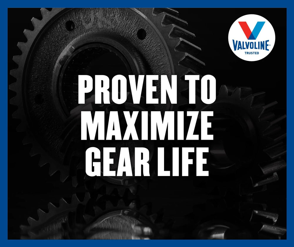 Valvoline 75W-90 bottle beside a truck on a rough trail for heavy-duty applications