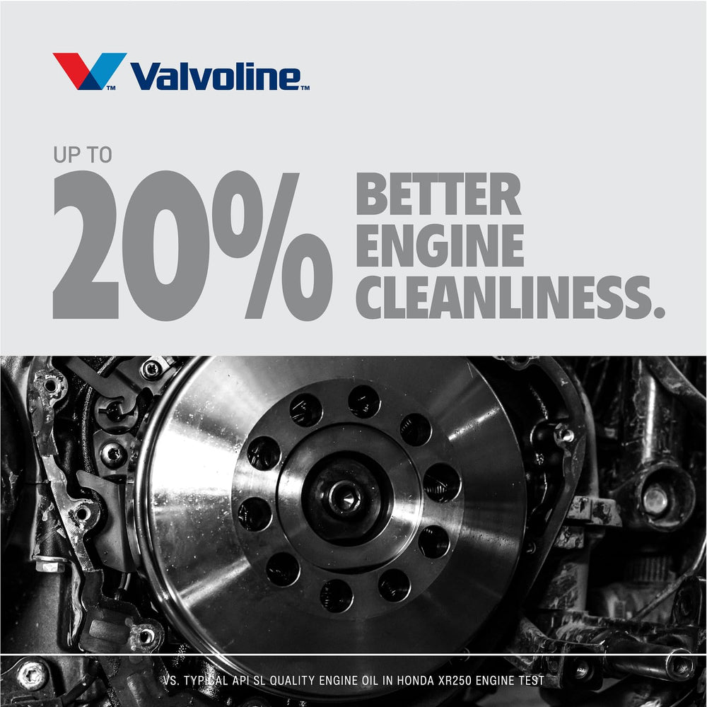 Valvoline bottle beside motorcycle sump indicating correct application and fit