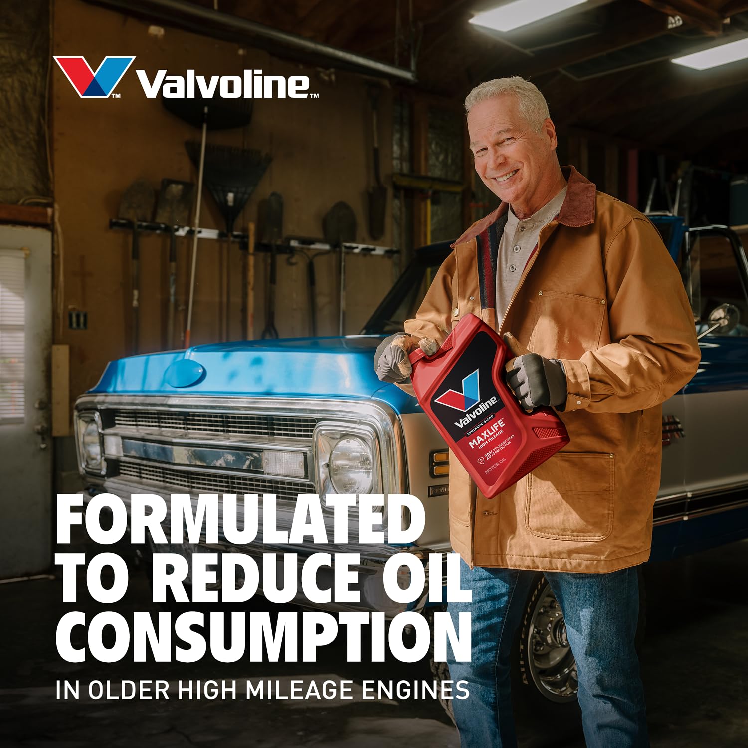 Valvoline MaxLife pack in garage lifestyle scene showing ready storage